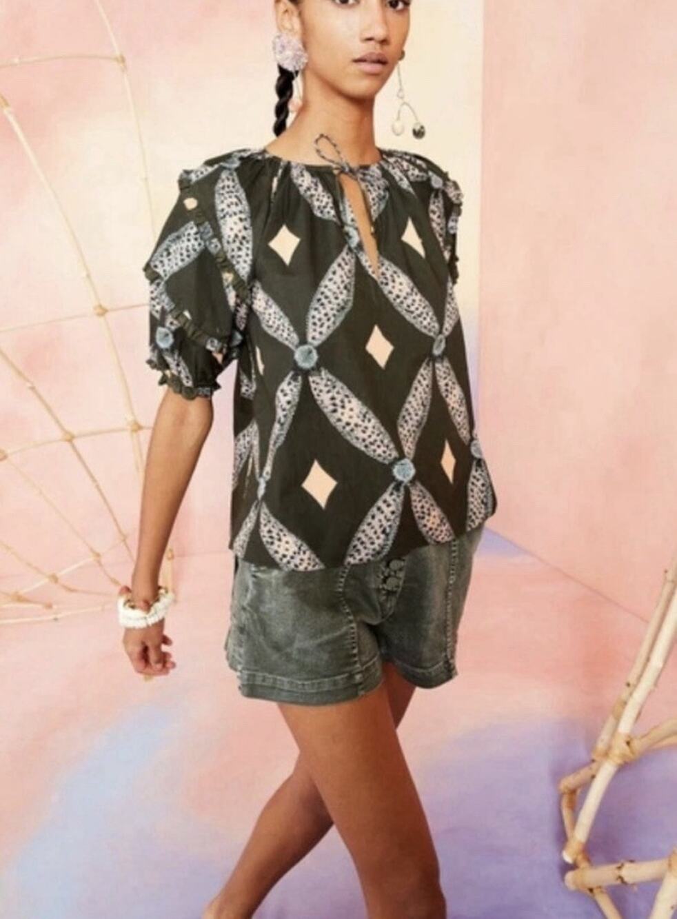 Ulla Johnson Arusi Blouse Size 2 Black Abstract Print Puff Sleeve Top Small